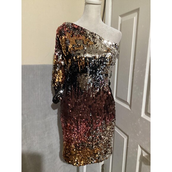 Bebe Dress Womens Medium Gold Silver Black One Shoulder Sequin Mini Cocktail - Picture 1 of 5